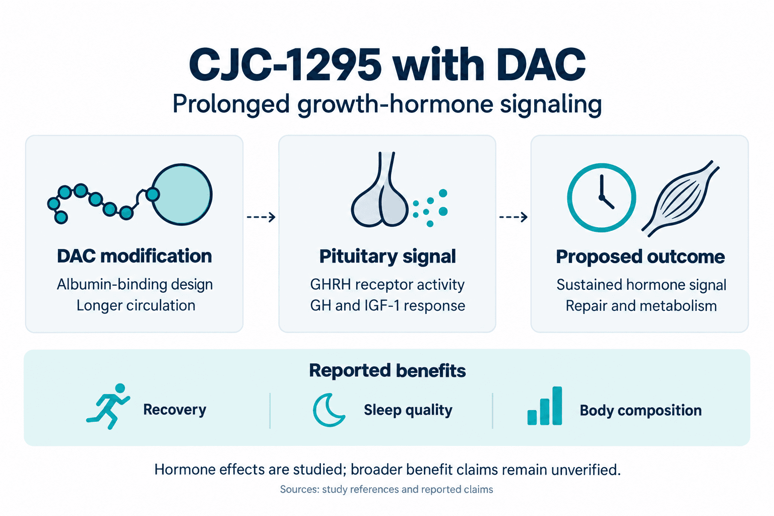 CJC-1295 with DAC. Prolonged growth-hormone signaling. DAC modification: Albumin-binding design: Longer circulation. Pituitary signal: GHRH receptor activity: GH and IGF-1 response. Proposed outcome: Sustained hormone signal: Repair and metabolism. Reported benefits: Recovery, Sleep quality, Body composition. Hormone effects are studied; broader benefit claims remain unverified.