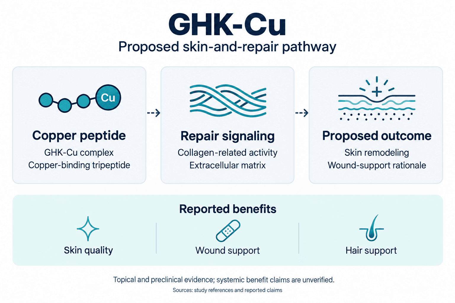 GHK-Cu. Proposed skin-and-repair pathway. Copper peptide: GHK-Cu complex: Copper-binding tripeptide. Repair signaling: Collagen-related activity: Extracellular matrix. Proposed outcome: Skin remodeling: Wound-support rationale. Reported benefits: Skin quality, Wound support, Hair support. Topical and preclinical evidence; systemic benefit claims are unverified.