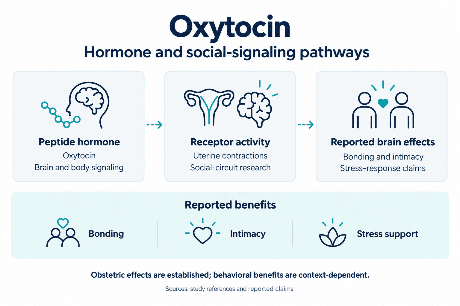 Oxytocin. Hormone and social-signaling pathways. Peptide hormone: Oxytocin: Brain and body signaling. Receptor activity: Uterine contractions: Social-circuit research. Reported brain effects: Bonding and intimacy: Stress-response claims. Reported benefits: Bonding, Intimacy, Stress support. Obstetric effects are established; behavioral benefits are context-dependent.