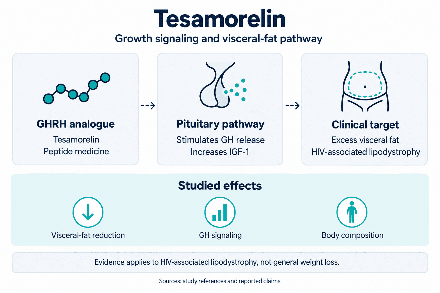 Tesamorelin. Growth signaling and visceral-fat pathway. GHRH analogue: Tesamorelin: Peptide medicine. Pituitary pathway: Stimulates GH release: Increases IGF-1. Clinical target: Excess visceral fat: HIV-associated lipodystrophy. Studied effects: Visceral-fat reduction, GH signaling, Body composition. Evidence applies to HIV-associated lipodystrophy, not general weight loss.